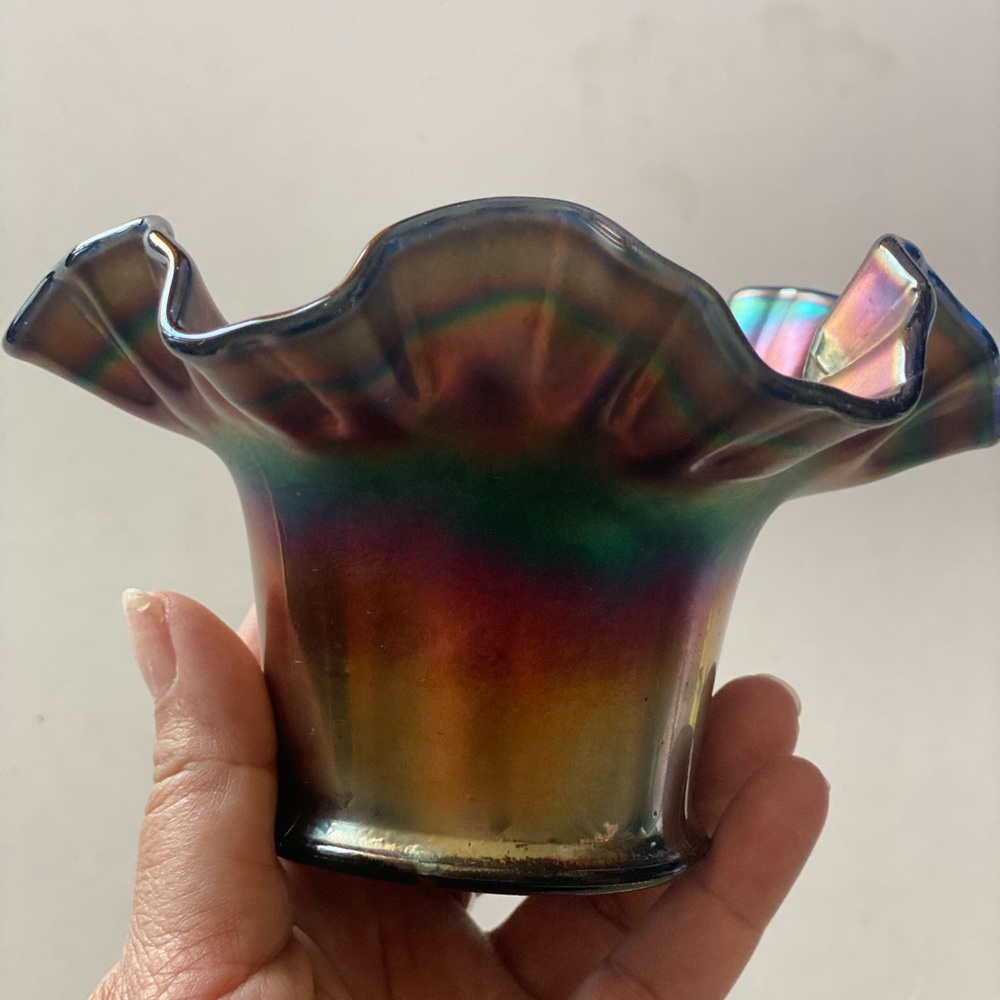 Antique Fenton  Carnival Glass Iridescent Ruffled Glass Vase Amethyst